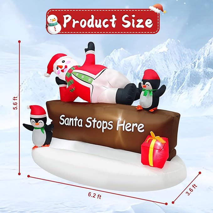 Christmas Inflatable Snowman with Penguins Decotation Blow Up 6FT Snow Man “Santa Stops Here” Sign Holiday Yard Decoration Gift Box, Perfect for Outdoor Lawn, Garden, or Front Porch Oranments Display