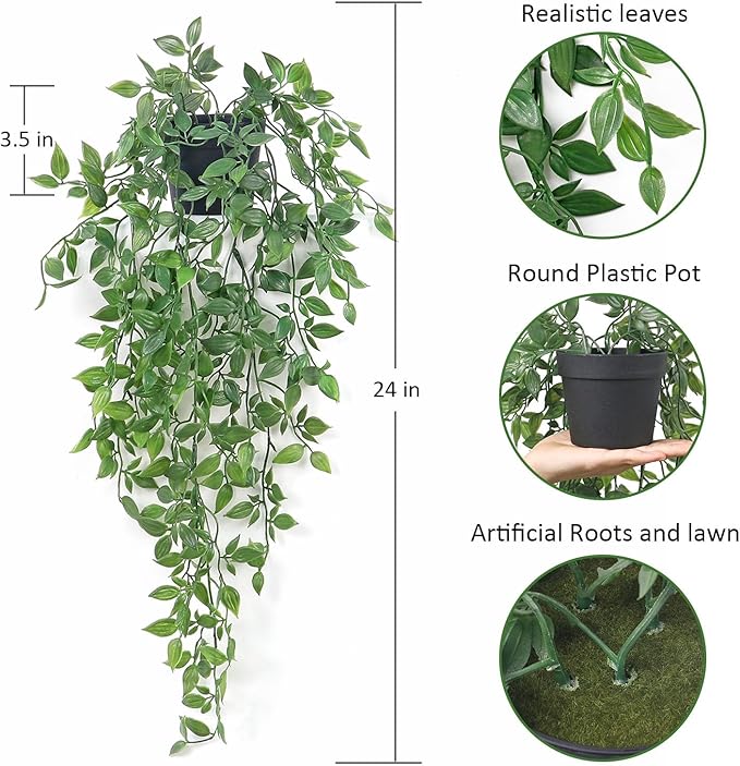 Artificial Hanging Plants Fake Small Potted Plants Faux Mandala Vines Plastic Greenery Plants for Living Room Shelf Tabletop Decor (2 PCS)