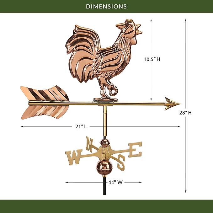 Good Directions Polished Copper Rooster Cottage Weathervane – Decorative Rooftop Accent for Barns, Homes, Sheds, and Cupolas – Durable & Handcrafted