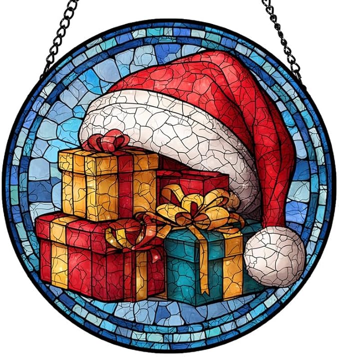 Stained Glass Window Hanging – 11.8 in Santa Hat & Gifts Panel with Chain， Bathroom Front Door Living Room Garden Decor， Gift for Mom Wife Lovers