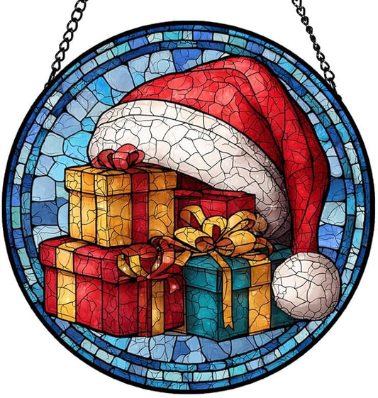 Stained Glass Window Hanging – 7.8 in Santa Hat & Gifts Panel with Chain， Bathroom Front Door Living Room Garden Decor， Gift for Mom Wife Lovers