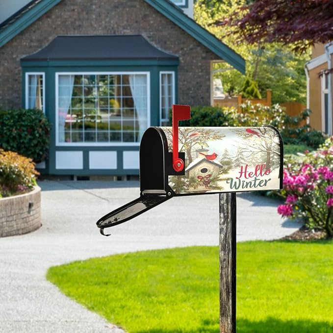 SUABO Winter Scene Cardinal Mailbox Cover Standard Magnetic Mailbox Covers Wraps for Christmas Home Yard Garden Decor