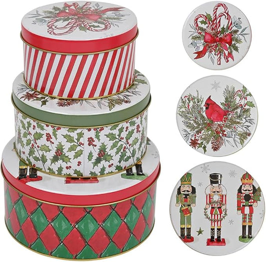 Christmas Cookie Tin Set of 3 Decorative Metal Storage Tin Boxes with Lids for Home Decor Memory Boxes for Keepsakes and Photos(GreenRed)