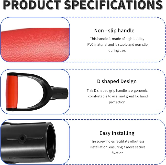 2 Pcs ID 1.26" Red & Black Shovel D-Shaped Grip Handle,PVC Shovel D Straight Grip Handle,Plastic Spade Replacement Snow Removal Garden Accessorie Backyard Digging,7.6×4.13-in(H*T)