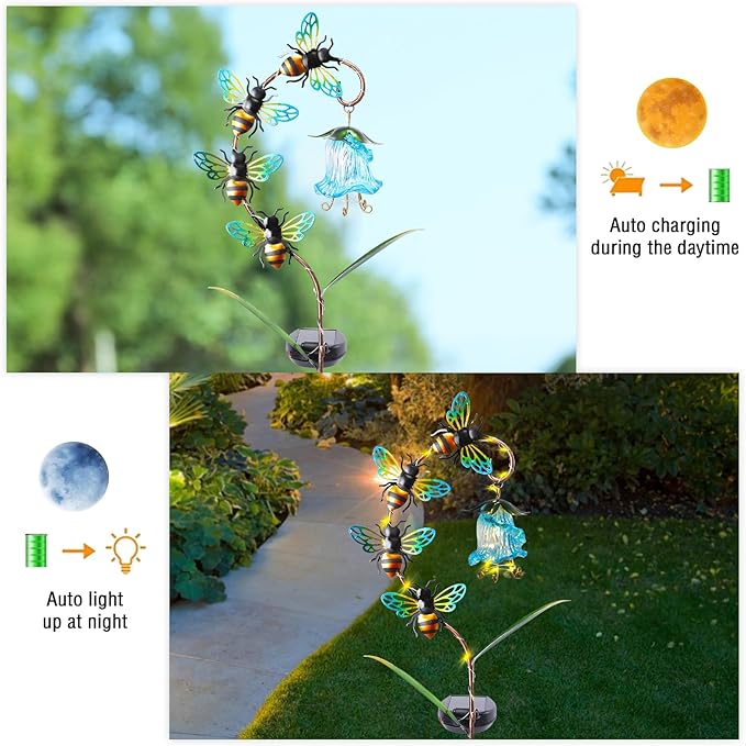 Bshine Solar Flower Outdoor Waterproof Bee Lights, Garden Decorative Metal Stake Bee Hanging Flower, Yard Decorations Outdoor Patio, Courtyard, Pathway and Lawn Ornaments, Housewarming Gift