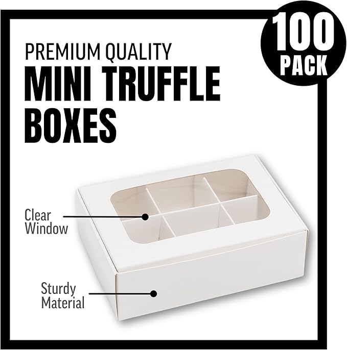 100 pcs White Mini Truffle Box for 6 treats with Window and Dividers, Bakery Boxes, 5 x 3.5 x 1.57 Inches VERY SMALL Baking Boxes, Square Truffles Decorating Supplies for Gift Giving