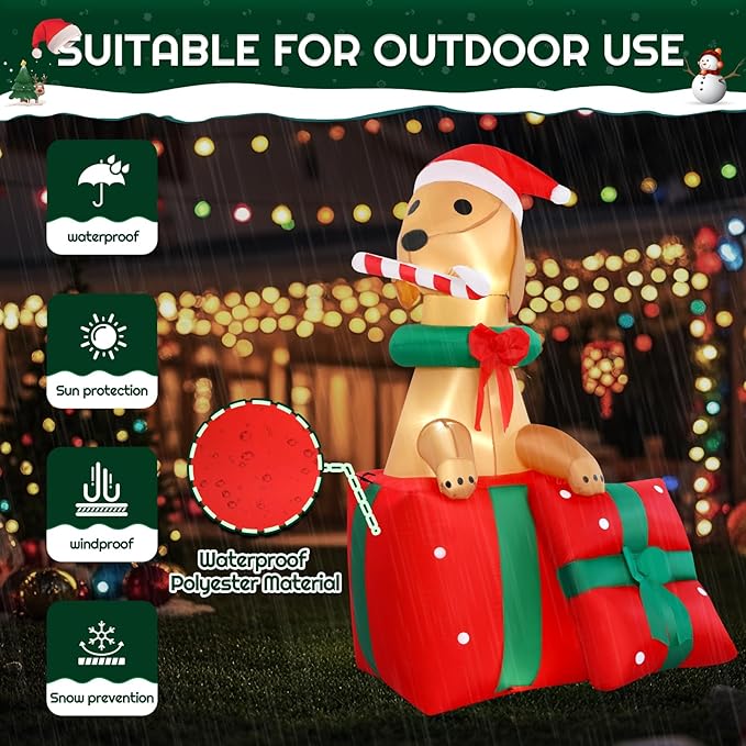 5FT Dog Christmas Inflatables Outdoor Golden Retriever Christmas Indoor Blow Ups Yard Decorations Inflatable Ouside Xmas Funny Blow Ups Holiday Yard Decorations for Party Garden Lawn Holiday Decor