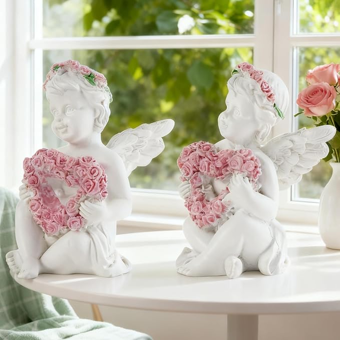 2-Piece Angel Figurines with Rose Heart - Handmade Resin Home Decor, Indoor Outdoor Angel Statues, Desktop Ornaments, Ideal Blessing Gift for Parents & Friends