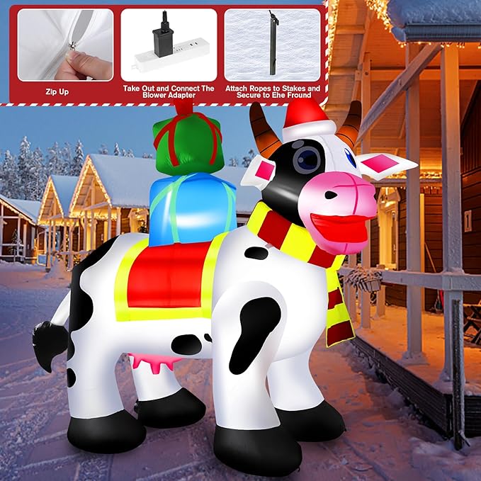 6 FT Outdoor Milk Cow Christmas Inflatables Decorations with Built-in LED Lights, Blow Up for Yard, Roof, Lawn