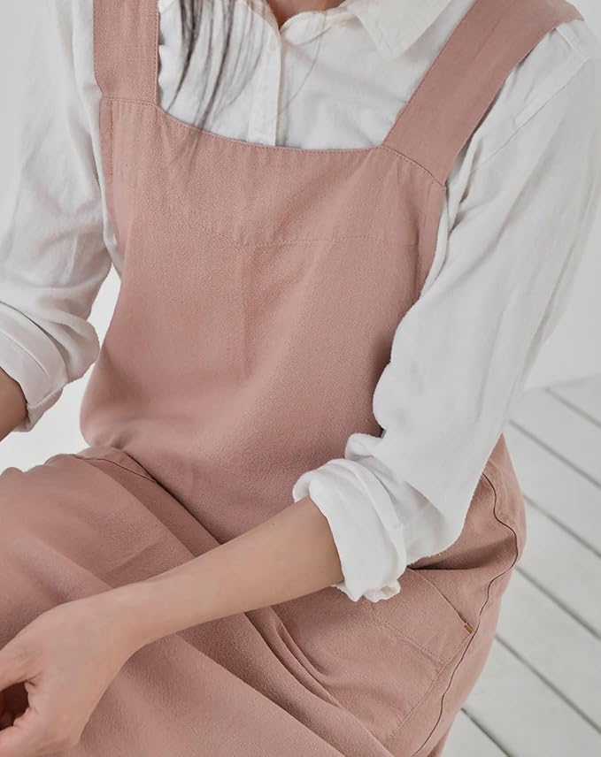 Cotton Linen Apron Cross Back Japanese Smock for Women Cooking With Pockets Pinafore Dress Kitchen Baking Gardening