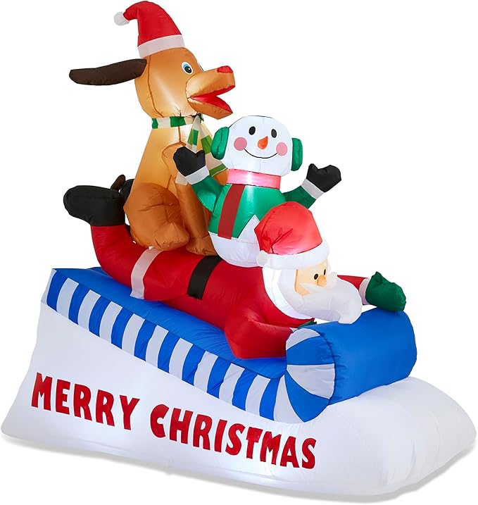 Glitzhome 6FT Inflatable Skiing Santa with Snowman and Dog, LED Christmas Yard Decoration, Animated Outdoor Indoor Xmas Decor with Merry Christmas Sign