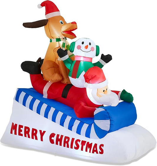 Glitzhome 6FT Inflatable Skiing Santa with Snowman and Dog, LED Christmas Yard Decoration, Animated Outdoor Indoor Xmas Decor with Merry Christmas Sign