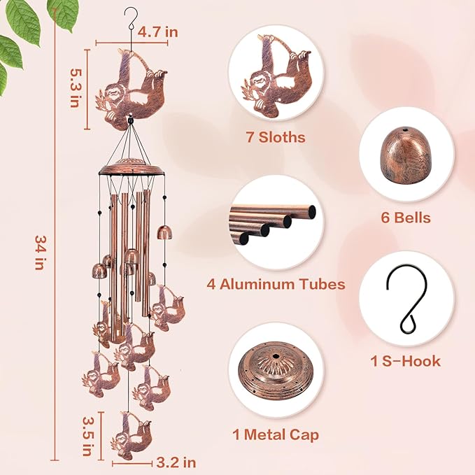 Sloth Wind Chimes for Outside,Sloth Gifts for Women Men/Memorial Gift/Sympathy Gift/Birthday Gifts Metal windchimes Outdoors/Indoors,Garden Decor,Patio,Home,Porch,Yard Decorations