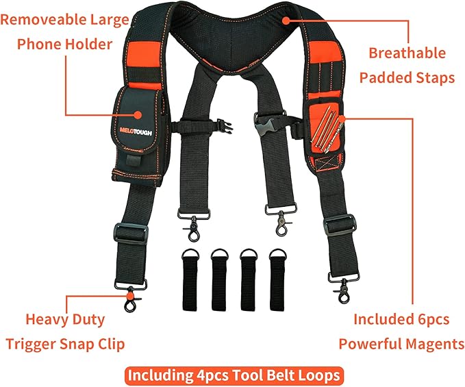 MELOTOUGH Magnetic Tool Belt Suspenders with Magnetic WristBand for Work Belt Padded Suspenders Constrcution