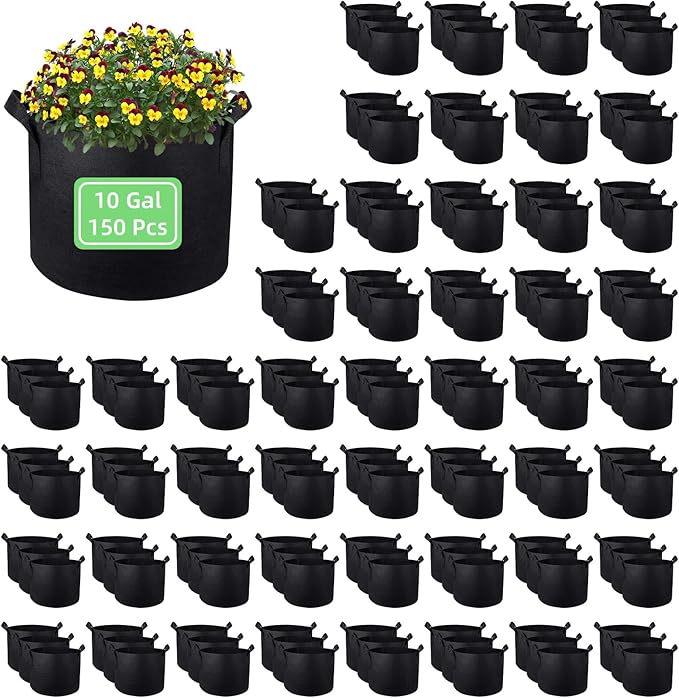 150 Pack 10 Gallon Grow Bags Garden Plant Grow Bag Aeration Fabric Pots with Handles Nonwoven Cloth Pots Planting Bags Garden Bags to Grow Vegetables Flowers Potatoes (10 Gal)