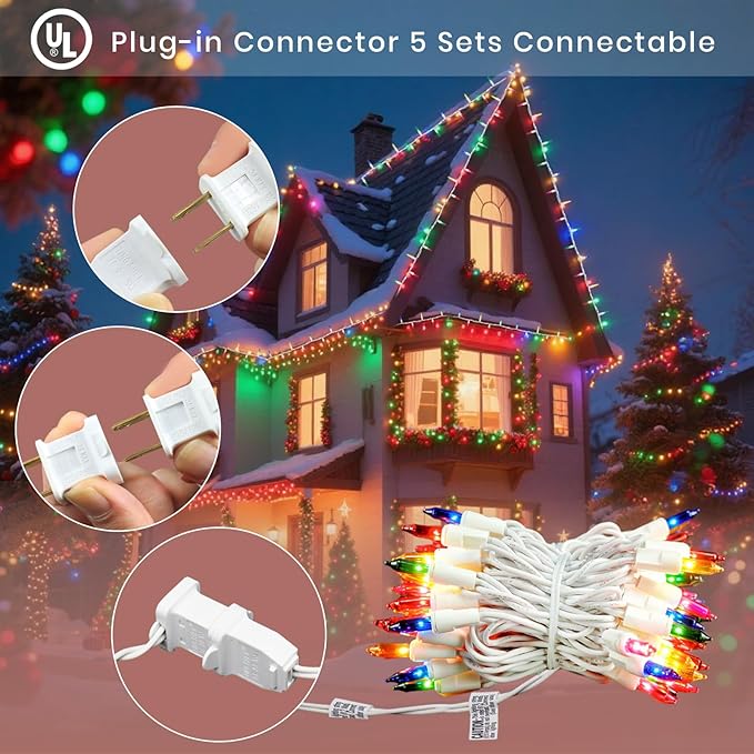 Multicolor Christmas Lights- 100 Count Mini Incandescent Indoor Lights with White Wire, UL Listed Connectable, Bright & Colorful String Lights for Kids’ Room, Party & Festival Décor