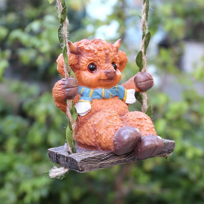 Swing Highland Cattle Statue 4.33in,Exquisite Garden Statue Decoration and Lawn Ornament,Outdoor or Home Decor,Easter Decor