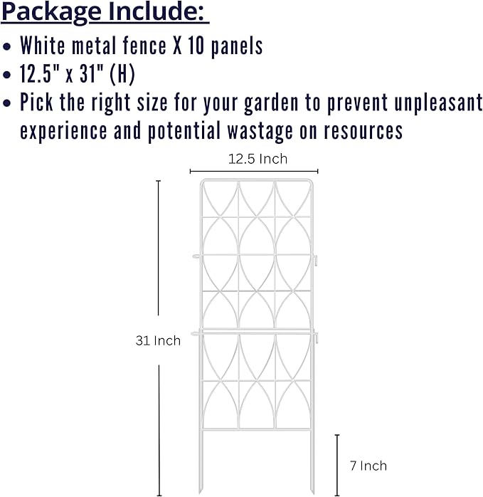 ShopLaLa Decorative Garden Fence (10 Panels) 12.5in(L) x 31in(H) Animal Barrier Fencing Rustproof White Metal Wire Flower Edging for Landscape, Tall Large No Dig Fences Back Yard Pet Porch Gate D-F30D
