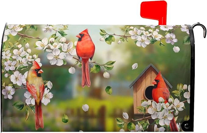 Spring Birds Floral Magnetic Mailbox Cover Colorful Summer Birdhouse White Flowers Mailbox Wrap Post Cover Large Size 25.5x21 Inch for Garden Yard Outdoor Outside Seasonal Decor