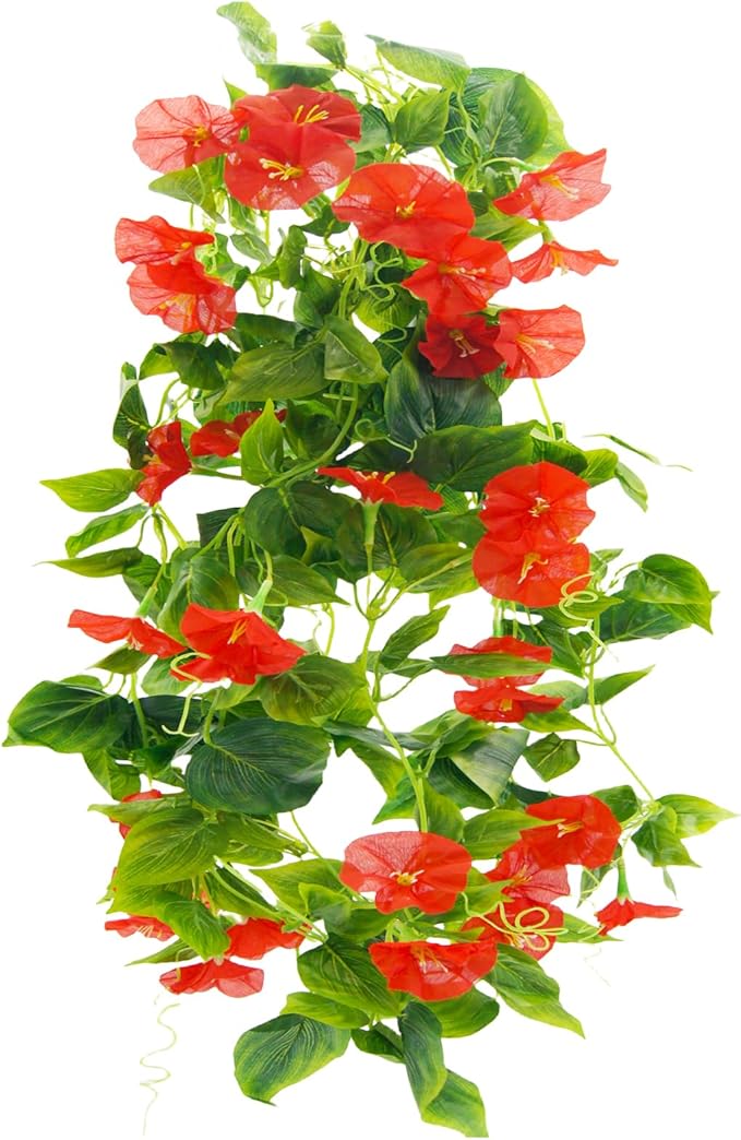 FERIAL Artificial Vines 15Feet Silk Flower Garland for Outdoors Red Morning Glory Vine Artificial Flowers Hanging Plants Garland Fake Green Plant 2Pcs for Wall Fence Indoor Wedding Banquet Decor