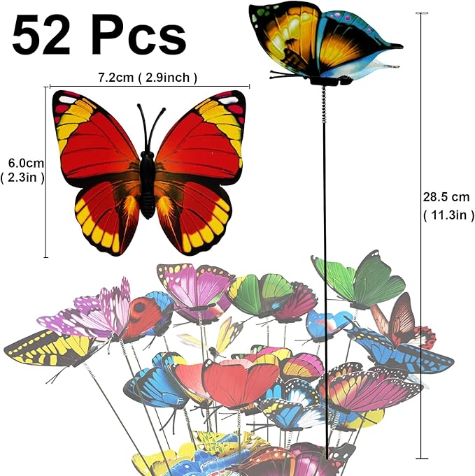 Butterfly Garden Décor - 52pcs Waterproof Butterflies Decoration Stakes for Outdoor Yard, Balcony, Porch, Ornaments, Art Patio Plant Pot Flower Home Decorative (Art Decor)