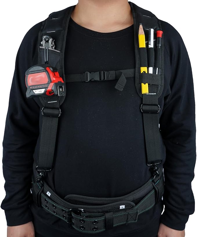 KUNN Tool Belt Suspenders Padded Carpenter Construction Electrician Work Suspender with Attachment Loops for Men,Black