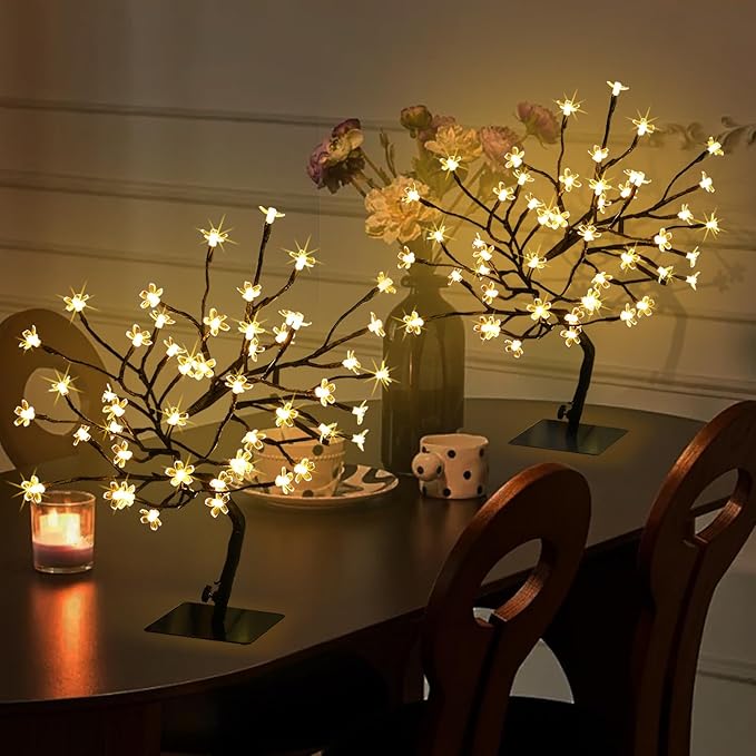 2PK Cherry Blossom Tree Lights,Artificial Bonsai Tree with 48 Warm White Led Lights, 16.2 Inch Prelit Cherry Blossom Lamp for Christmas Party Wedding Gift Home Tabletop Decoration