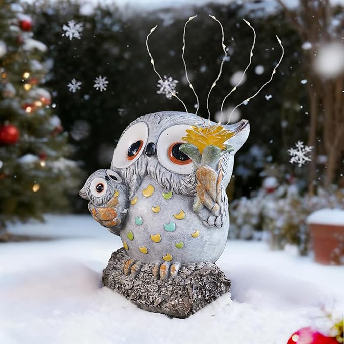 Solar Garden Statues Outdoor Decor, Fairy Owl Statue Garden Decor, Resin Yard Decorations Outdoor for Patio, Porch, Balcony, Lawn Ornaments, House Warming Birthday Gifts for Mom Women Grandma