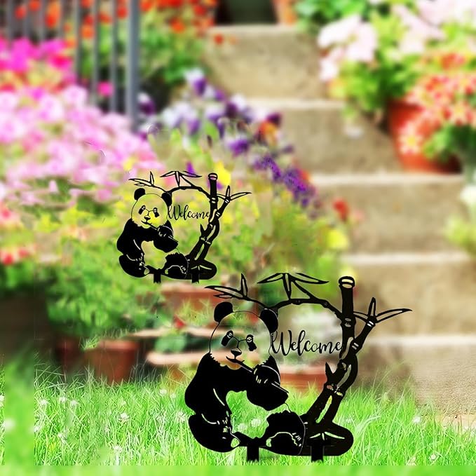 Panda Garden Decor for Outside Silhouette Statues Garden Stakes Outdoor Metal Animal Decorations Yard Art for Patio Lawn Ornaments Birthday Gift for Women Mom Men 13.78 * 11.81 inch / 35 * 30cm