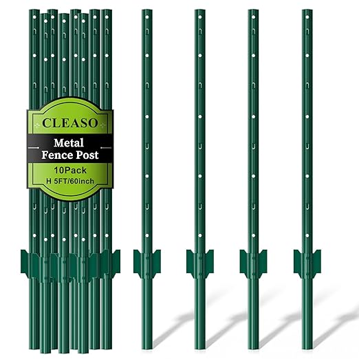 10 Pack Metal Fence Posts, 5ft Heavy Duty U-Post, Green Garden Stakes, No-Dig Post Anchors for Wire Fences, Temporary Fencing, Electric Fence, and Corner Support