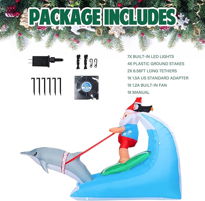 Vipush 7.5 FT Christmas Inflatable Decorations Santa Claus Surfing Christmas Decorations Outdoor Inflatable with LED Light, Outdoor Holiday Decor Blow Up Yard Decor