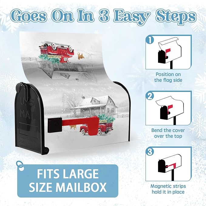 Winter Mailbox Cover Red Truck Snowflake Oversize Mailbox Wrap with Magnetic Strip Christmas Dog Snowy Letter Post Box Cover Decoration Welcome Home Outdoor Large Size 25.5" Lx 21" W