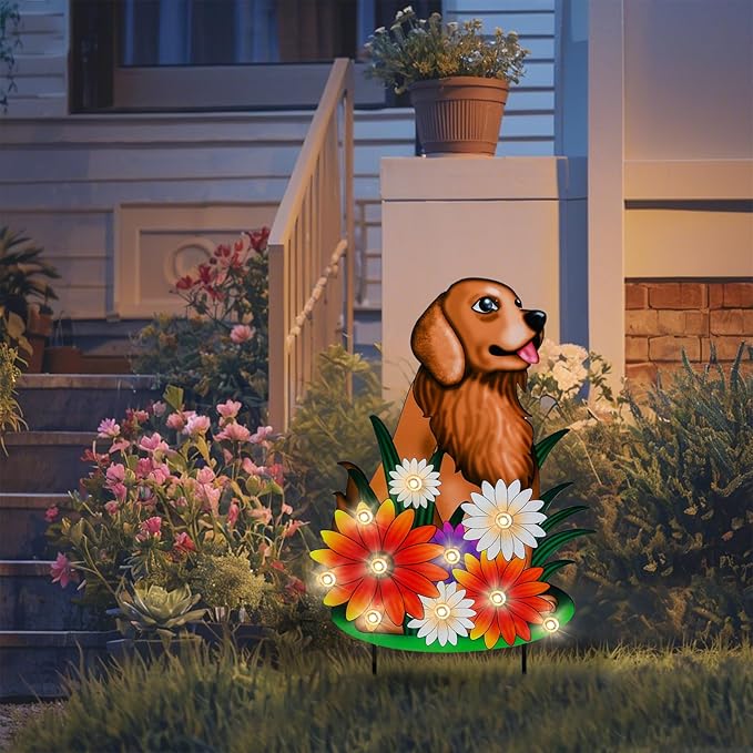 WONDER GARDEN Decorative Garden Stakes - Lighted Dog and Flower Yard Sign Stakes Spring Signs for Outdoor, Porch, Yard,Flower Bed Decor (Battery Operated)