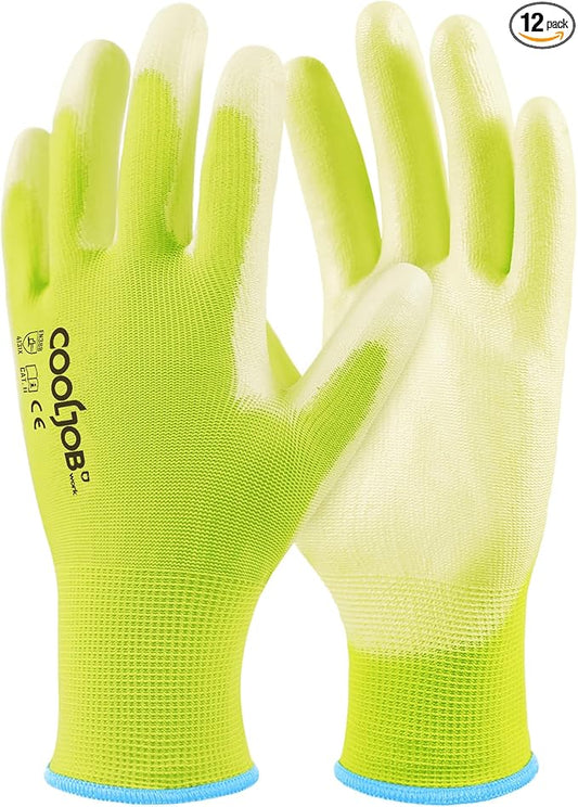 COOLJOB 12/60 Pairs Safety Work Gloves Pack Bulk with Grip PU Coating, 13 Gauge Seamless Knit Gloves with Polyurethane Dipped for Warehouse Working, Breathable Lightweight for Men Women, Yellow Xlarge