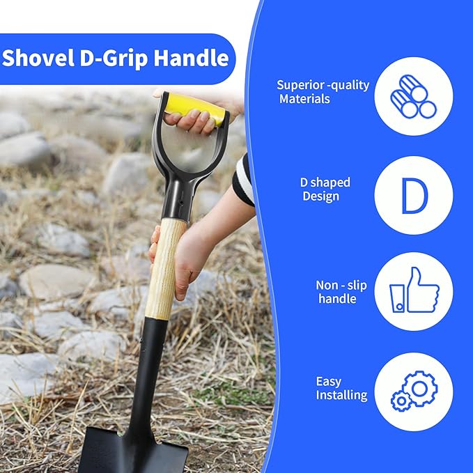 2 Pcs ID 1.26" Yellow & Black Shovel D-Shaped Grip Handle,PVC Shovel D Straight Grip Handle,Plastic Spade Replacement Snow Removal Garden Accessorie Backyard Digging,7.6×4.13-in(H*T)