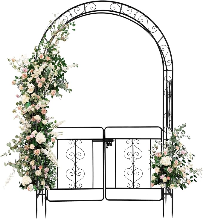 7FT Metal Garden Arch Trellis, Heavy Duty Metal Garden Arbor with Door for Climbing Plants Outdoor Patio, Double-Layered Trellis Arch for Wedding Ceremony Party, 53" x 84", Black, 13mm
