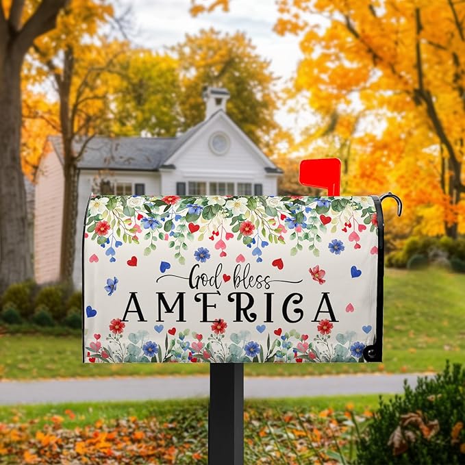 God Bless Patriotic Mailbox Covers 4th of July Mailbox Cover Magnetic Standard Size 21x18 in Red and Blue Floral Post Letter Box Cover Wrap Outdoor Decor for Garden Eucalyptus Leaf