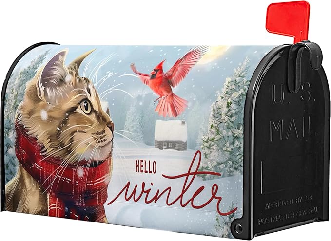 Hello Winter Oversize Magnetic Mailbox Cover - Hello Kitty Cardinal Snowy Waterproof Post Letter Cover - Rustic Snow Tree Red Bird Mailbox - Large Size 25.5" L x 21" W
