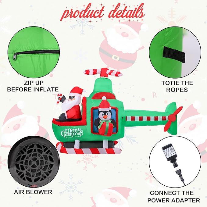 VCUTEKA Christmas Inflatables Outdoor Decorations, 6.5FT Santa Flying Animated Airplane with Penguin Blow Up Built-in LED Lights for Holiday Yard Garden Lawn Xmas Decor