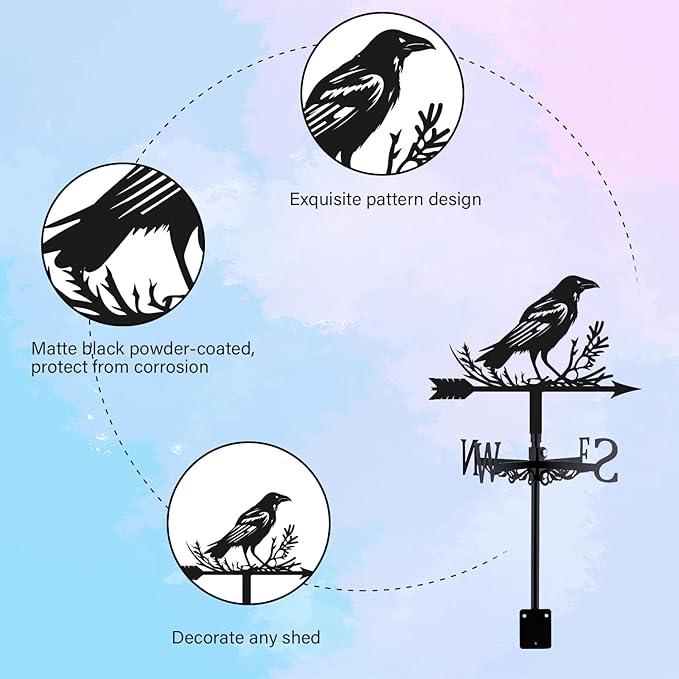 Crow Weathervane Metal Wind Vane Weathercock Garden Decoration Wind Direction Indicator Stake Roof Mount Ornament for Farmhouse Yard Outdoor