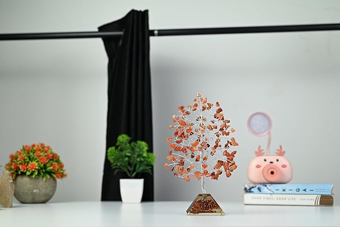 Carnelian Crystal Tree with Orgone Pyramid Base Orange Desk Decor Healing Crystals Bonsai Tree Orange Gifts for Women Office & Shelf Home Room Decor For Mom Sister Girlfriend Present Housewarming