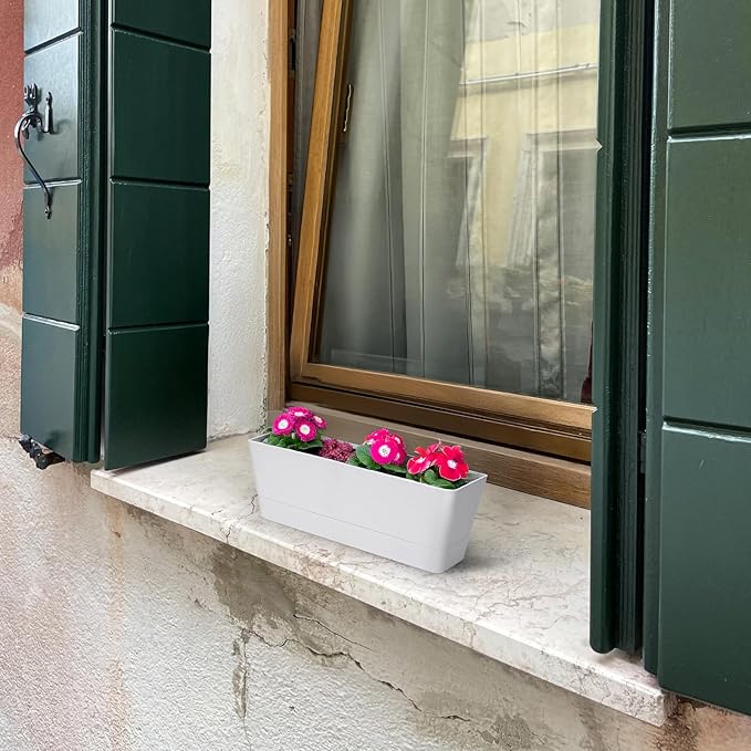 GREANER Herb Planter with Tray, 1 Pack 12x3.8 Inch Rectangle Window Box, Indoor Succulent Flowers Succulent Plastic Pot for Windowsill, Garden, Balcony, Office Outdoor Decoration - White