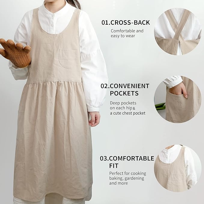 HANEE Cross Back Aprons for Women with Pockets | Japanese Style Cotton Apron | Cute Pinafore Smock for Kitchen etc (6 Colors)