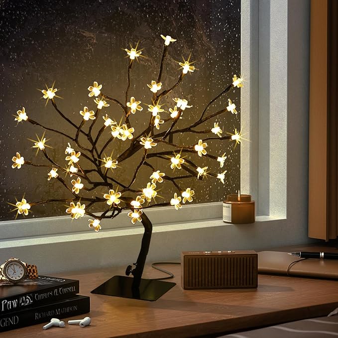 Cherry Blossom Tree Lights,Artificial Bonsai Tree with 48 Warm White LED Lights, 16.2 Inch Prelit Cherry Blossom Lamp for Christmas Party Wedding Gift Home Tabletop Decoration
