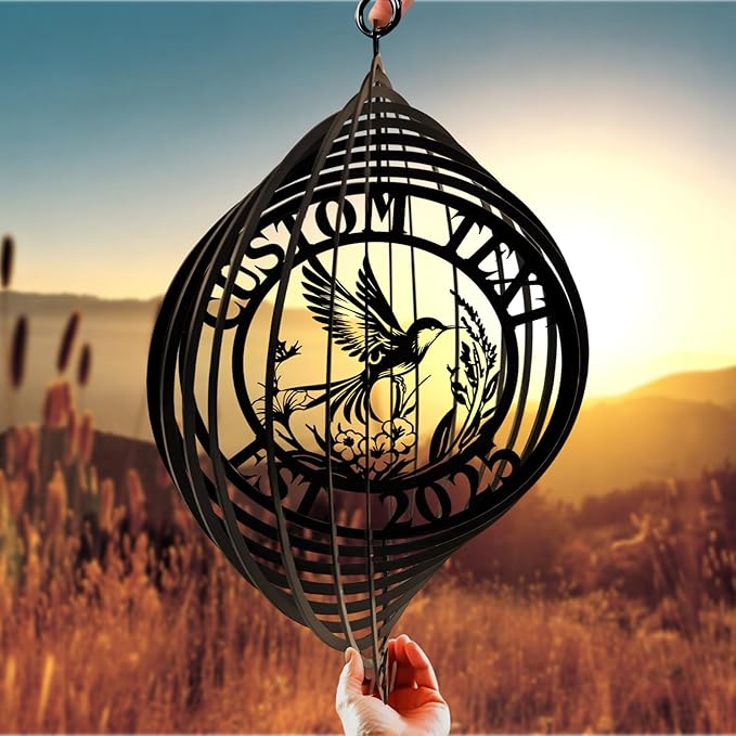Personalized Hummingbird Metal Wind Spinners, Custom Family Name Garden Wind Spinners, Hanging Outdoor Decor, Yard Art, Hanging Wind Spinner for Indoor Lawn Patio Porch, Housewarming Gift Color06