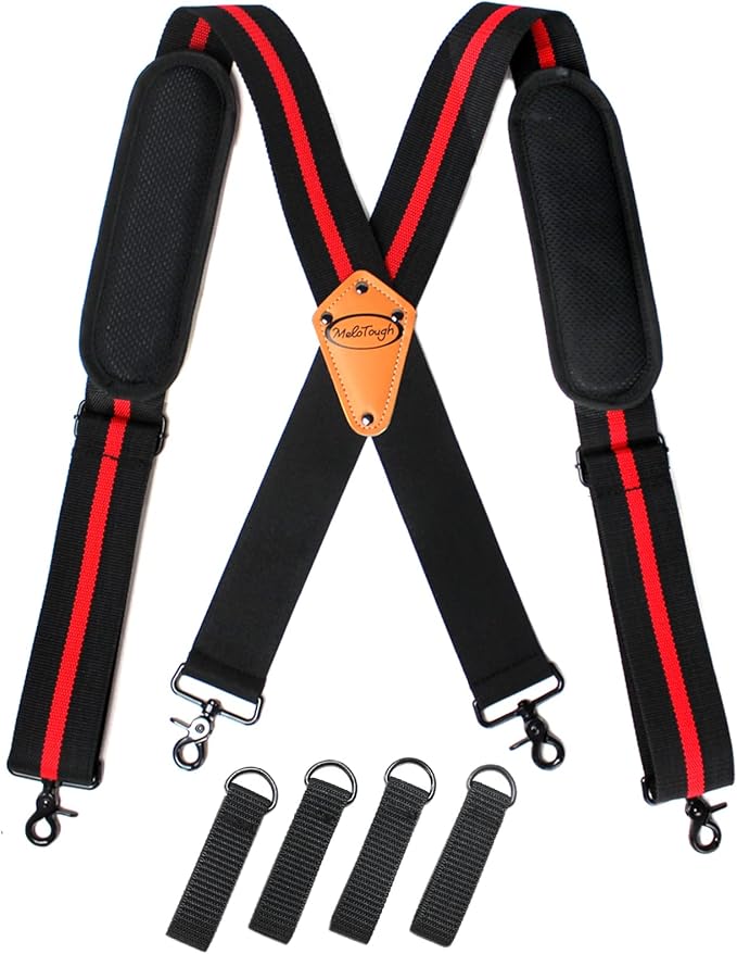 MELOTOUGHTool Belt Suspenders Tool Harness for Heavy Duty Work Movable shoulder Pads, Quick lobster clasp Tool Belt (Red Strip)