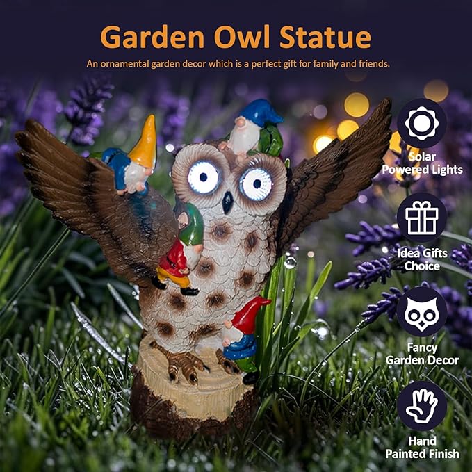 Natelf Solar Owl Garden Statue Light Outdoor Decor with LED Bird Yard Art, Waterproof Lawn Ornaments for Yard, Patio, Garden - Cute Birthday Gift for Women, Mom, Grandma