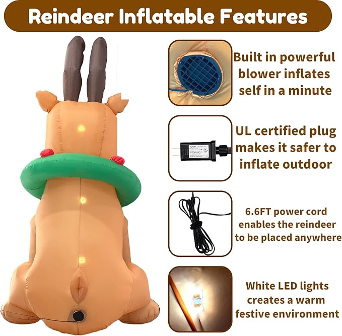 Christmas Inflatables Outdoor Decorations, 7FT Giant Reindeer Inflatable Yard Decor, Cute Xmas Blow Up Deer with Led Lights for Indoor Holiday Party Winter Outside Lawn Garden