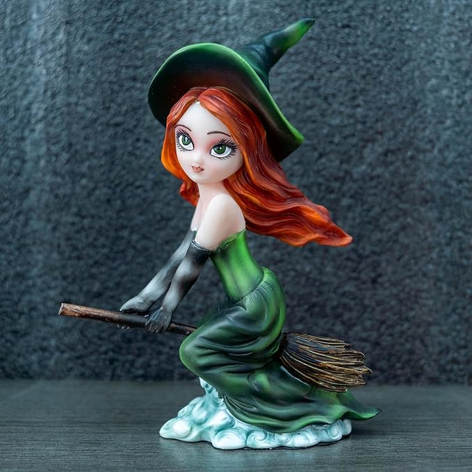 Fairy Figurine Set, Purple and Pink Wings, Green Witch Resin Statue - Riding Broom Flying Style Home Decor Magician Theme Collectibles Christmas/Halloween Party Decoration Gifts