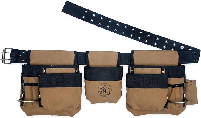 Style n Craft 4-Piece and 12-Pocket Carpenter’s Tool Combo, Tool Belt with 2 Tool Pouches, 1 Tape Measure Pocket, and 2 Metal Hammer Holders, Waterproof Canvas Tool Belt, Brown (97425)
